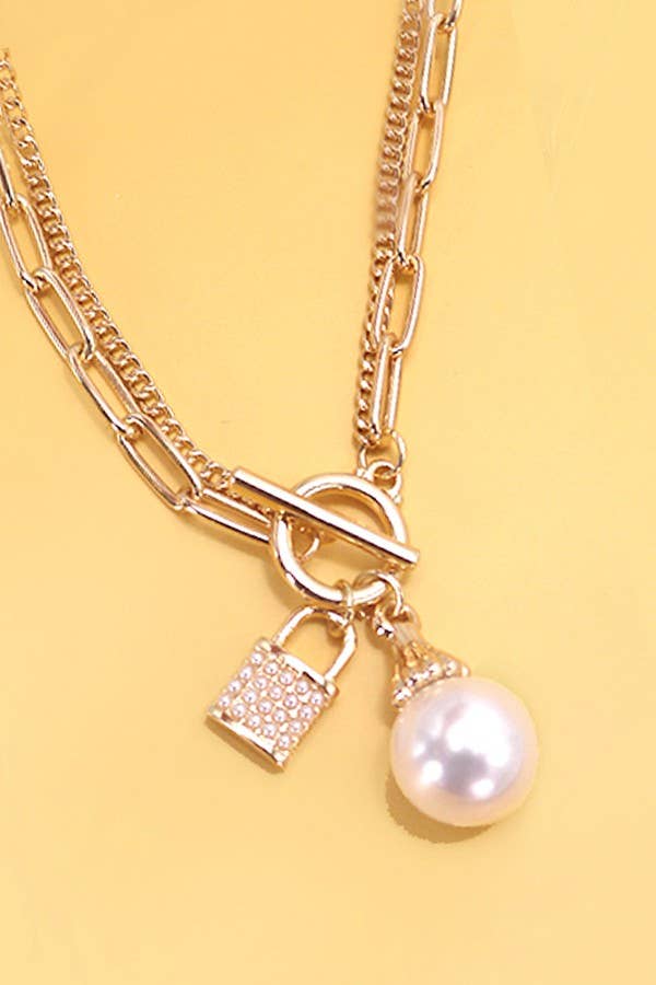 Pearl Lock Charm Double Layer Necklace