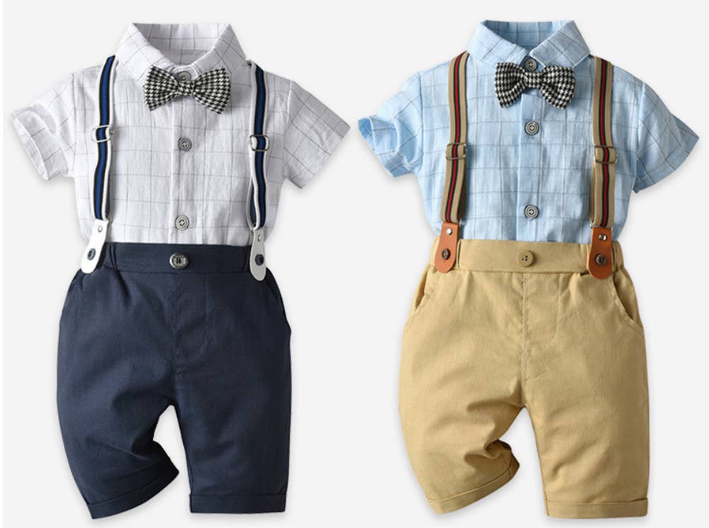 White & Navy Plaid Bowtie 3pcs Boy Outfit
