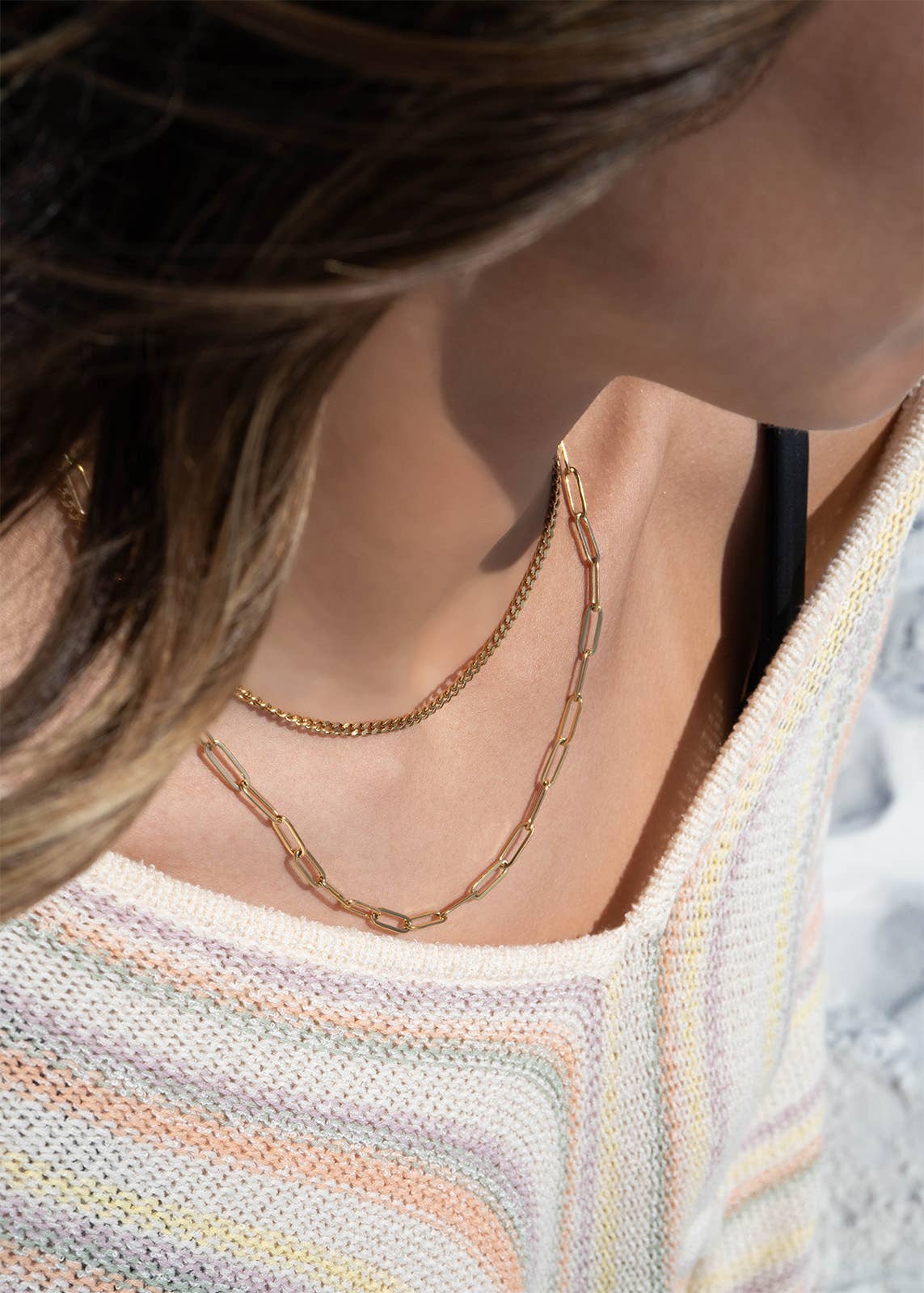 18K Gold PVD Stainless Steel Curb and Paperclip Layered Chain Necklace