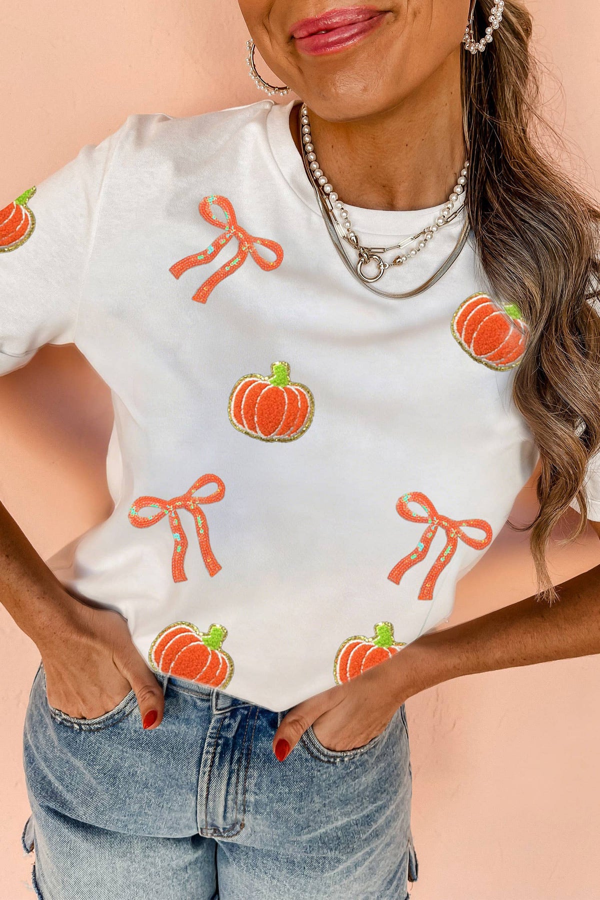 Sequin Pumpkin & Bow Fall Graphic T-Shirt