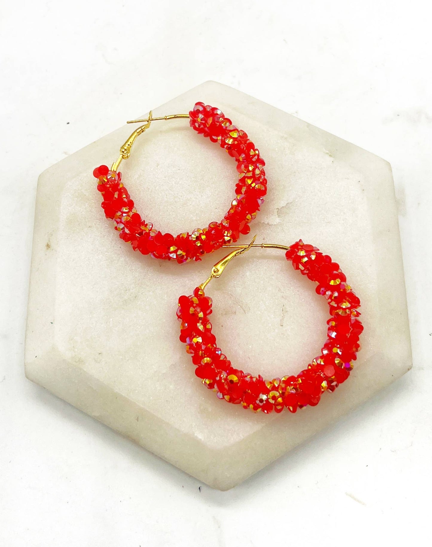 Red Gold Glitter Sequin Hoop Earrings