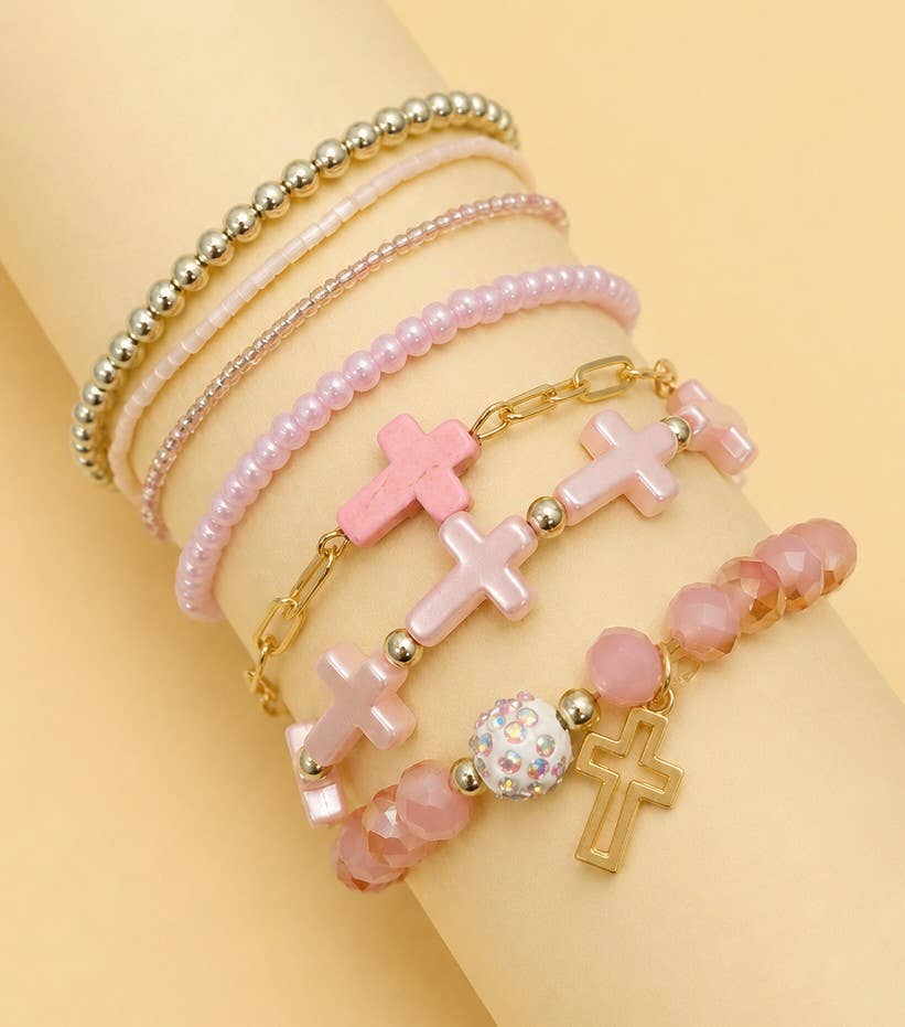 Cross Charm Beaded Bracelet Stack