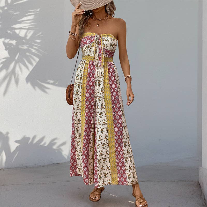Strapless Smocked Romper Tube Top Flare Trousers Jumpsuit XL / Black Strapless Smocked Romper Tube Top Flare Trousers Jumpsuit XL / Black