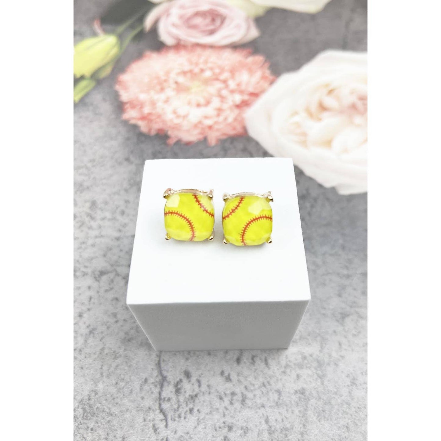 RECTANGULAR SHAPE SPORTS BALL STUD EARRINGS