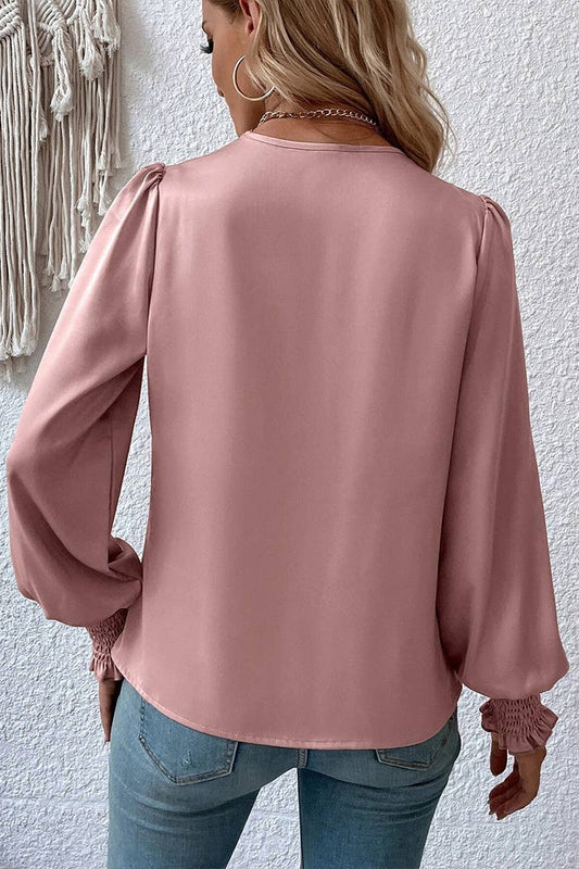 WOMEN CROSS WRAP RIBBED SLEEVE BLOUSE