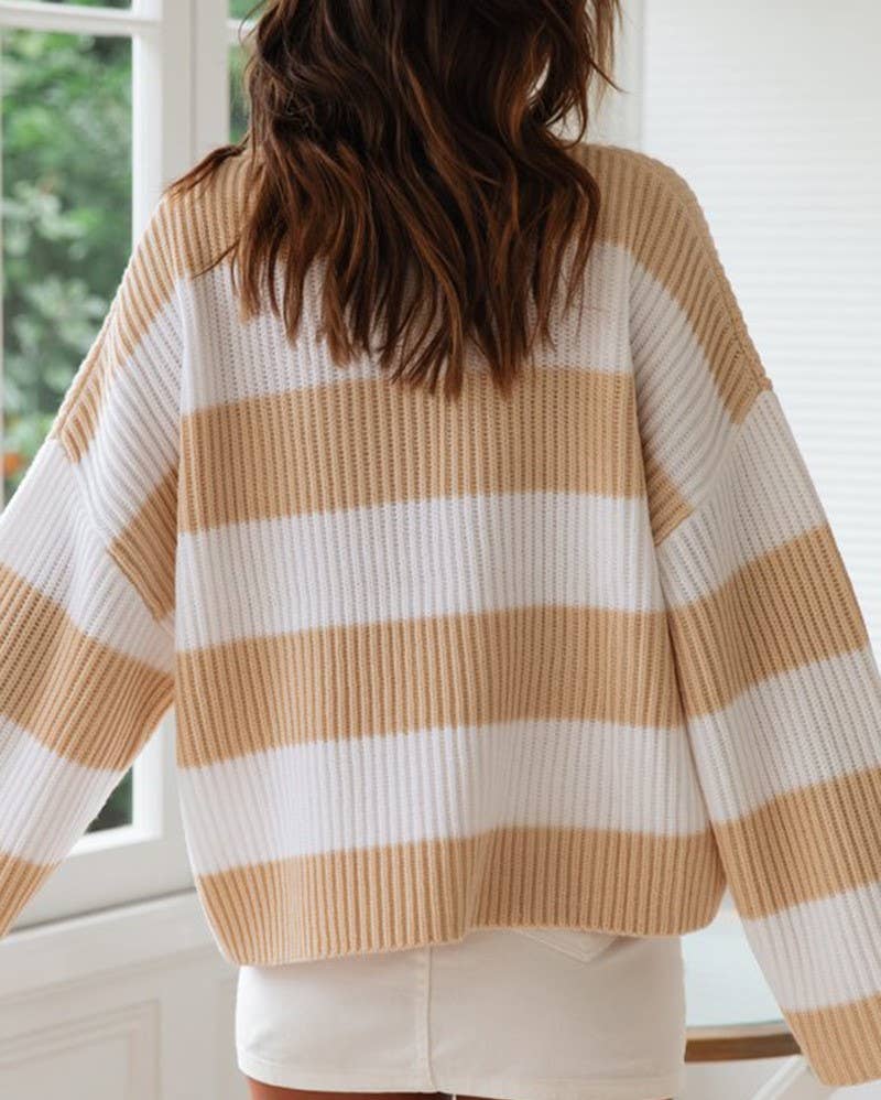 Rolled-Edged Crewneck Striped Color-Block Knit Sweater