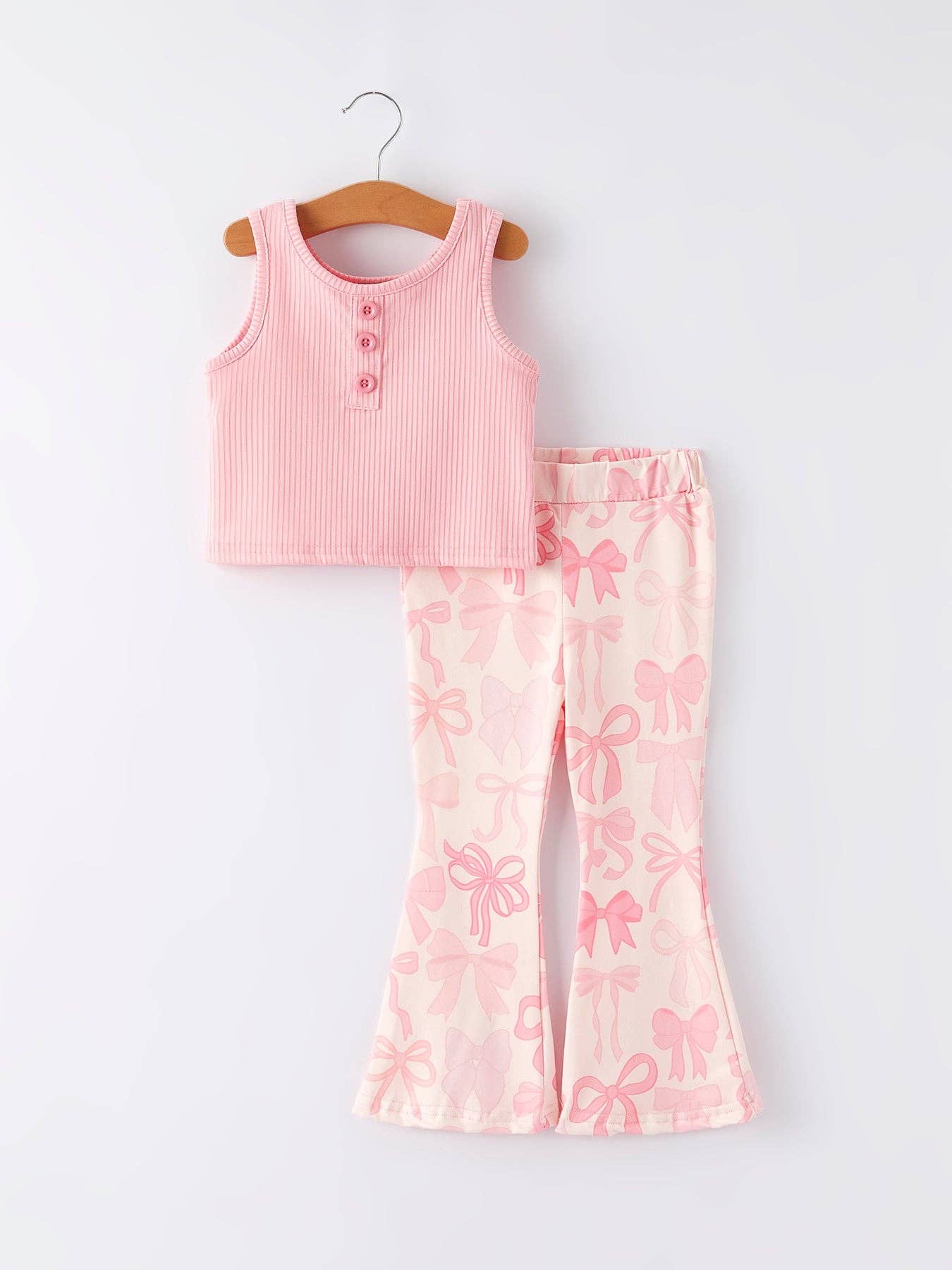 Pink Girls Top Bow Floral Print Bell Bottom Pants Set