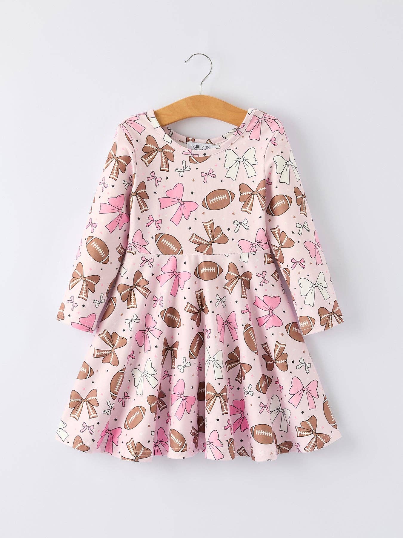 open lace back dress Girls Pink Dress with Football and Bow Print 3