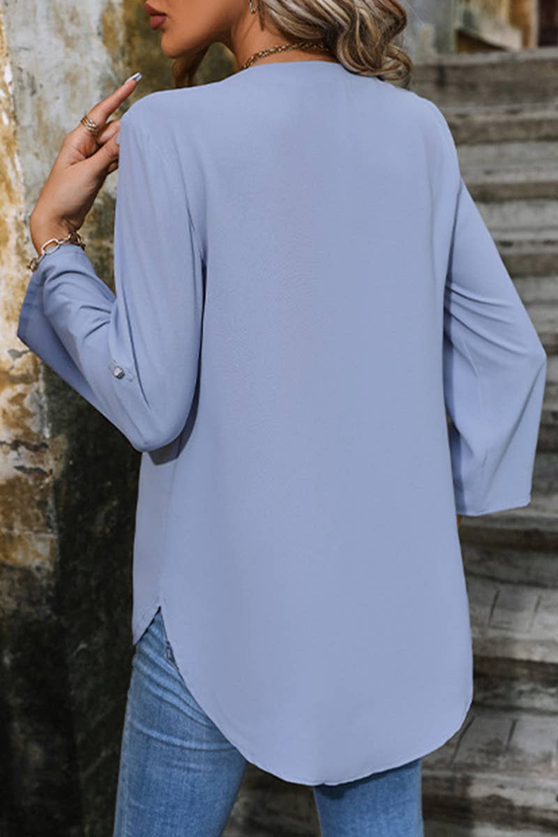 LONG SLEEVE V-NECK PULLOVER SOLID COLOR SHIRT