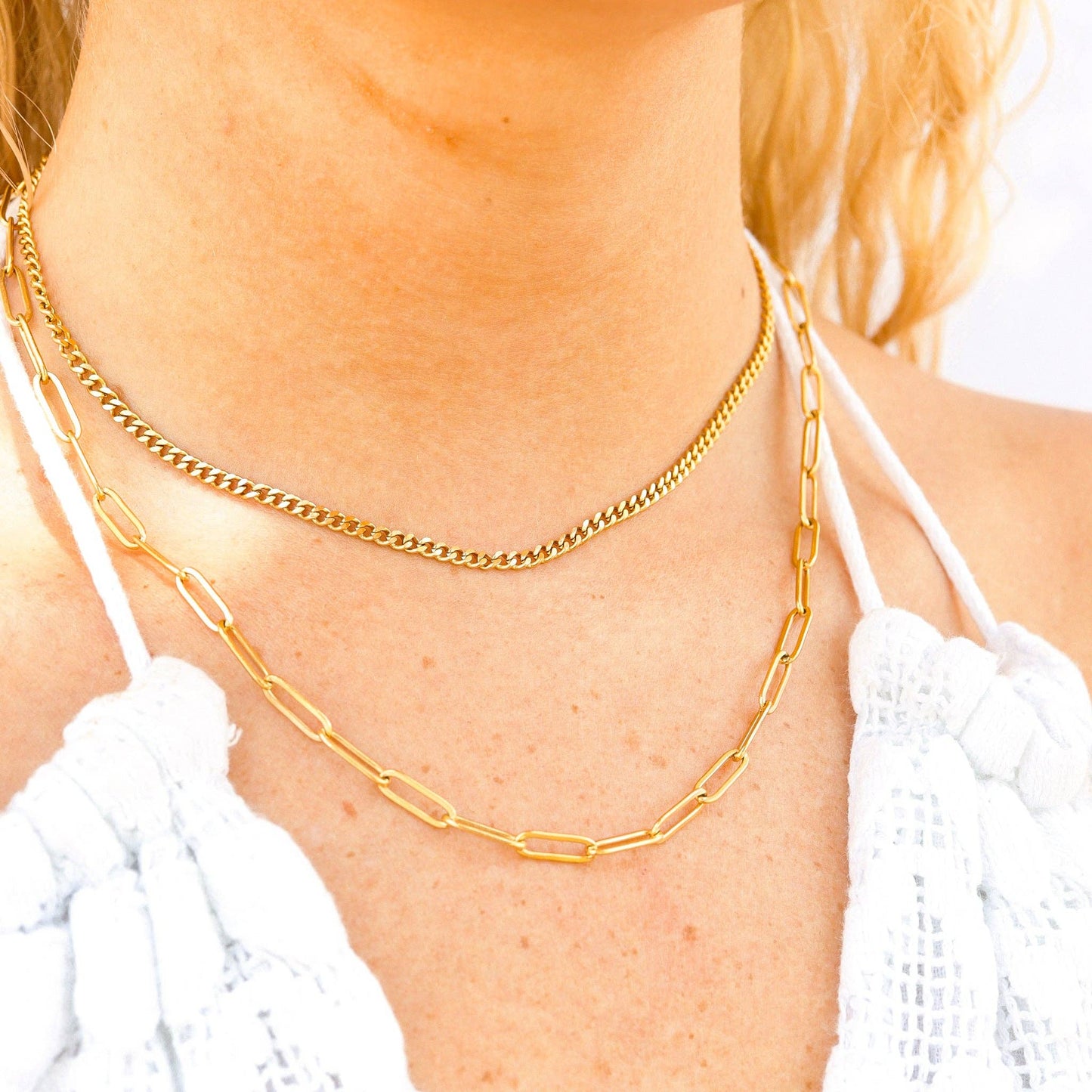 18K Gold PVD Stainless Steel Curb and Paperclip Layered Chain Necklace