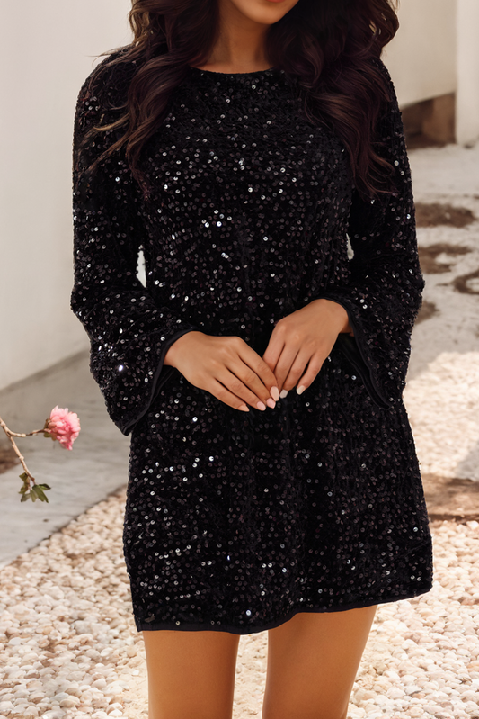 Sequin Long Sleeve Knot Cutout Back Mini Dress