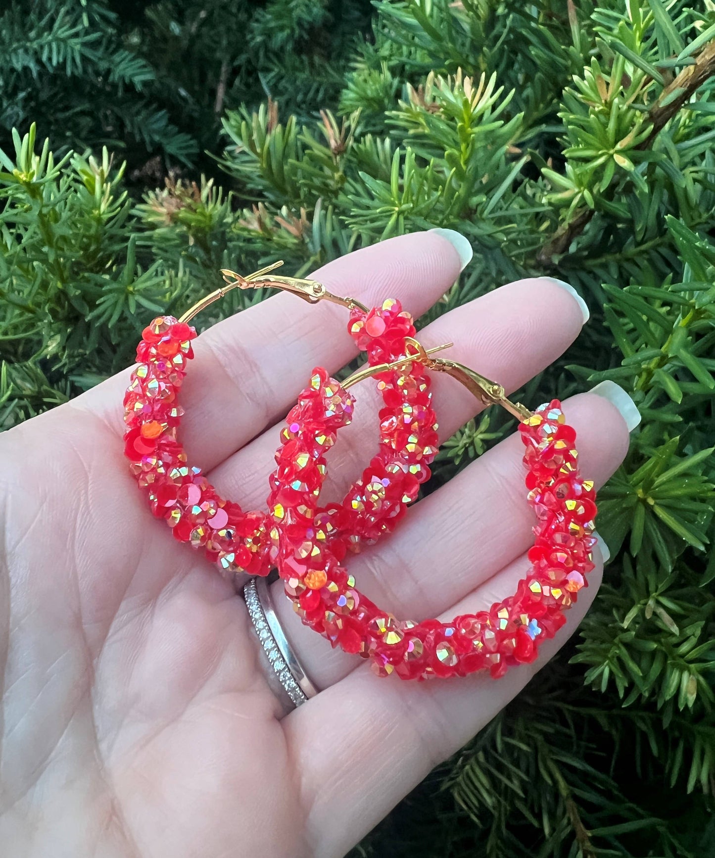 Red Gold Glitter Sequin Hoop Earrings
