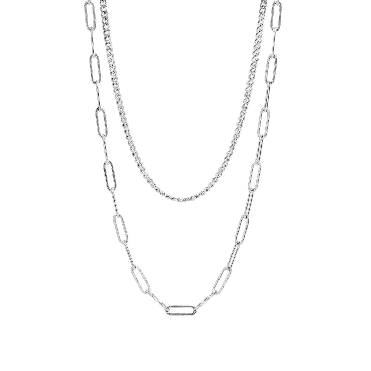 18K Gold PVD Stainless Steel Curb and Paperclip Layered Chain Necklace