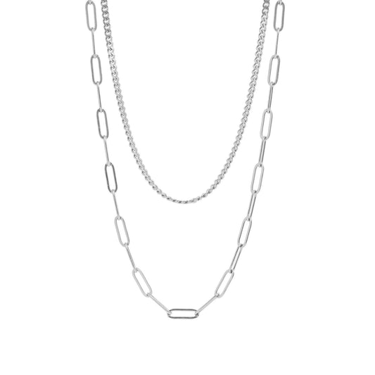 18K Gold PVD Stainless Curb and Paperclip Layered Chain Necklace