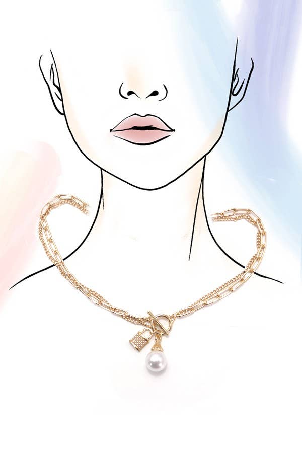 Pearl Lock Charm Double Layer Necklace