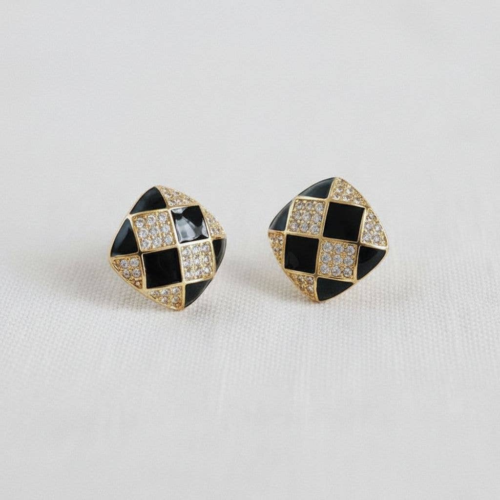 Cubic Zirconia Enamel Chessboard Stud Earrings