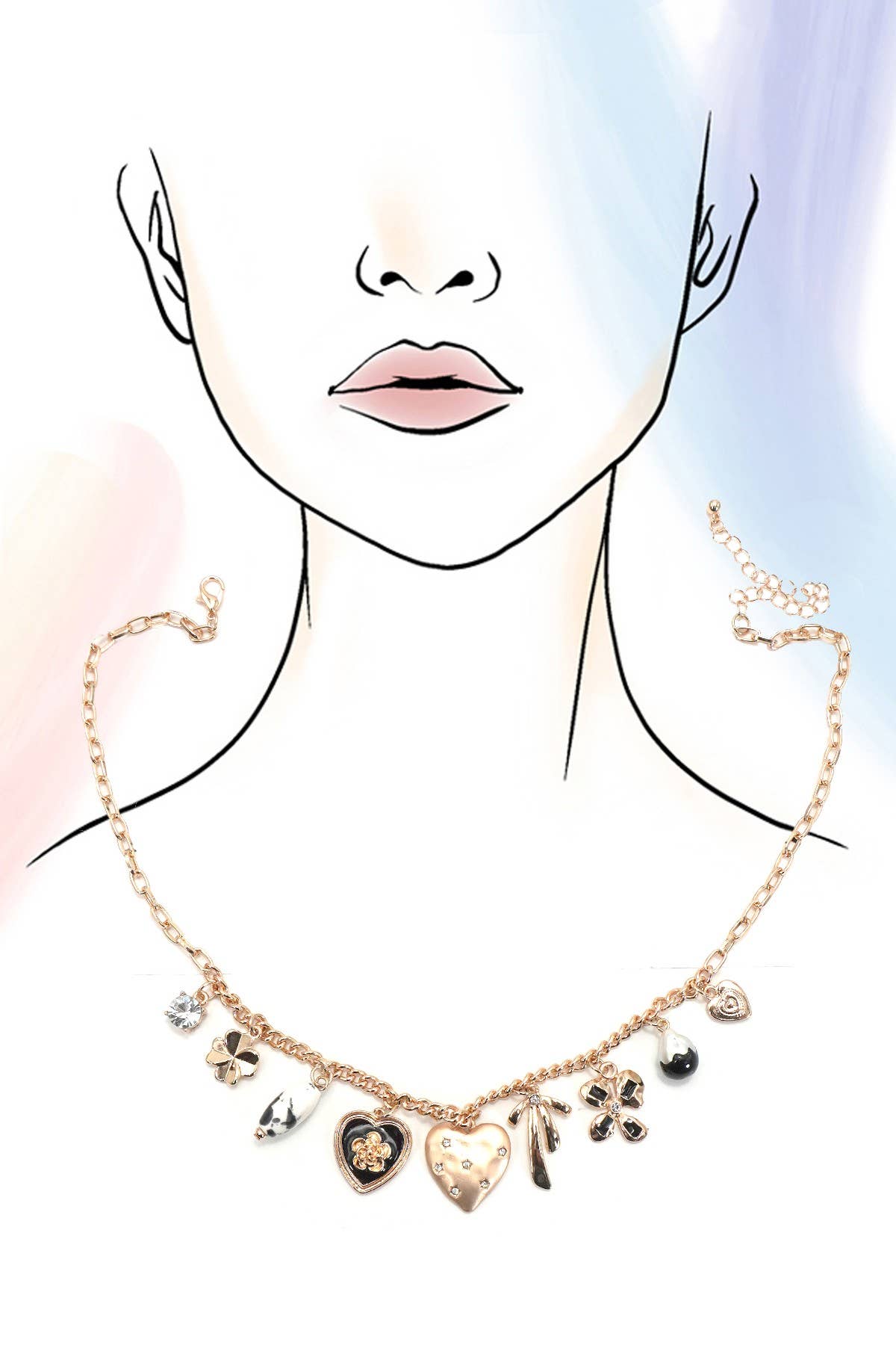 CHARM NECKLACE-HEART BOW PEARL FLOWER