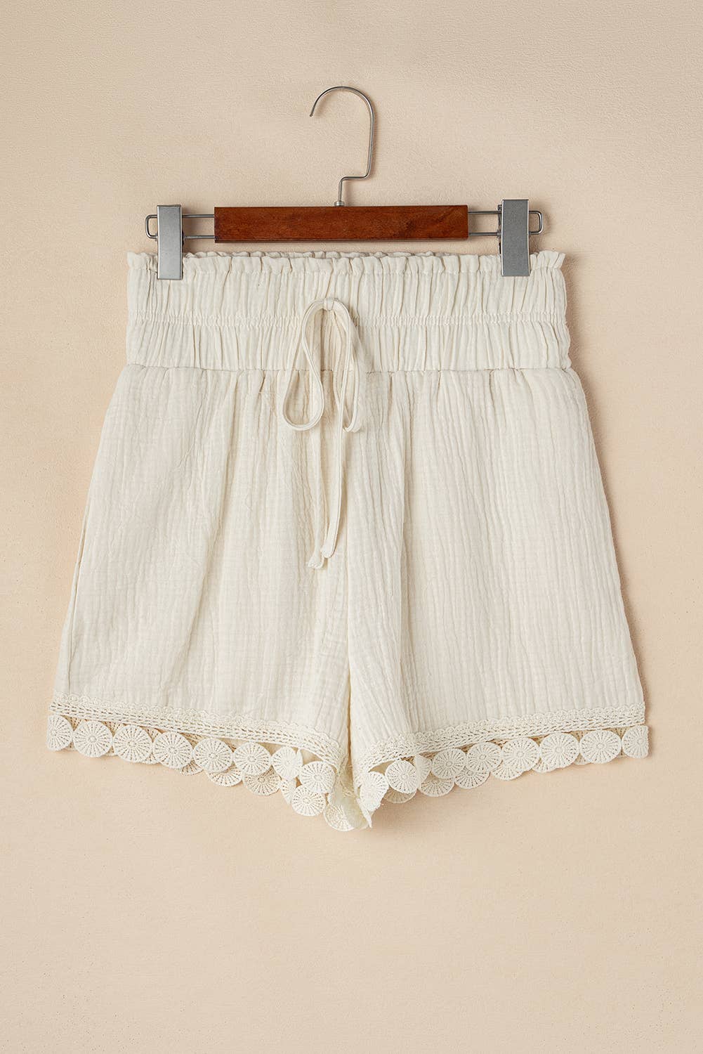 Textured Frilled Knotted High Waist Lace Hem Shorts