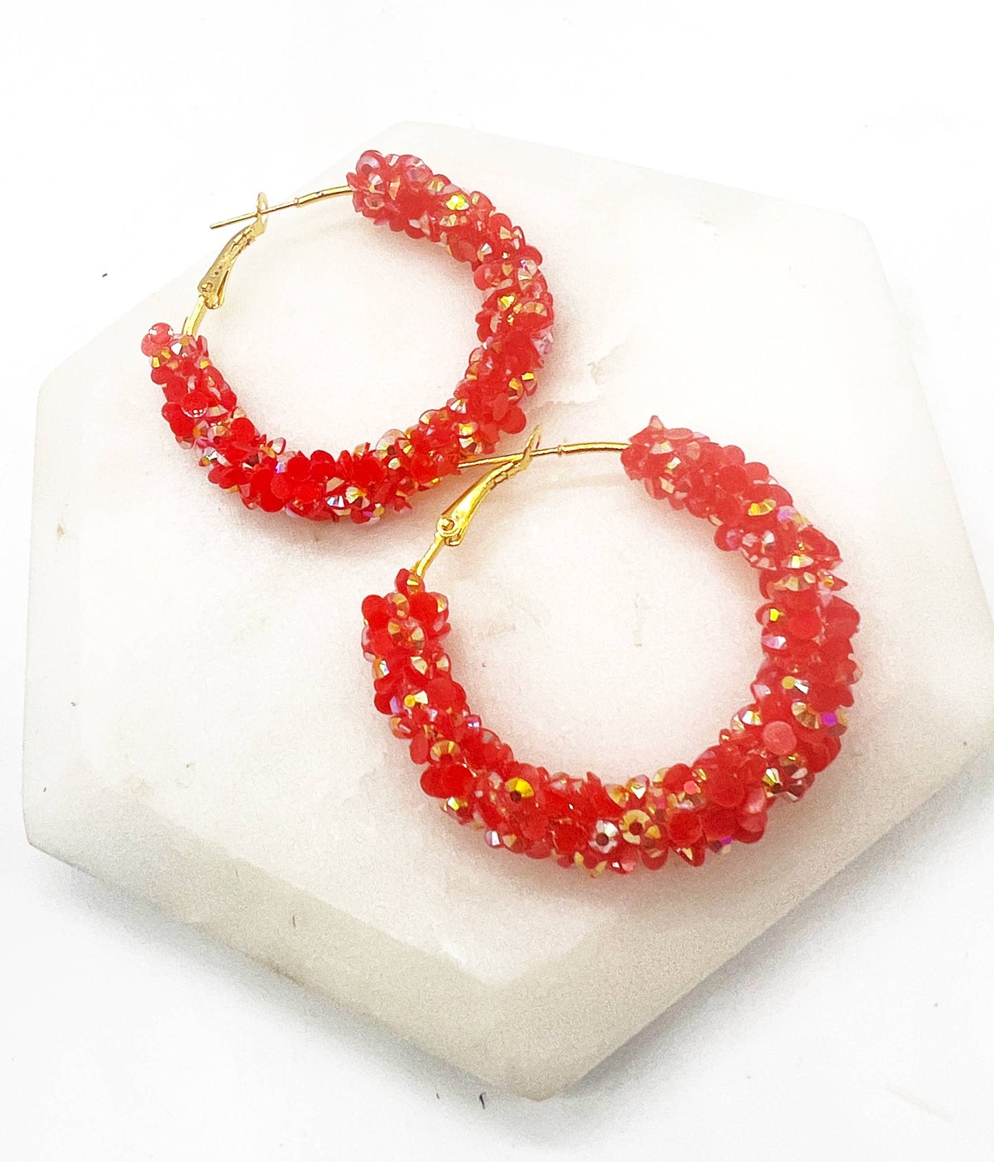 Red Gold Glitter Sequin Hoop Earrings