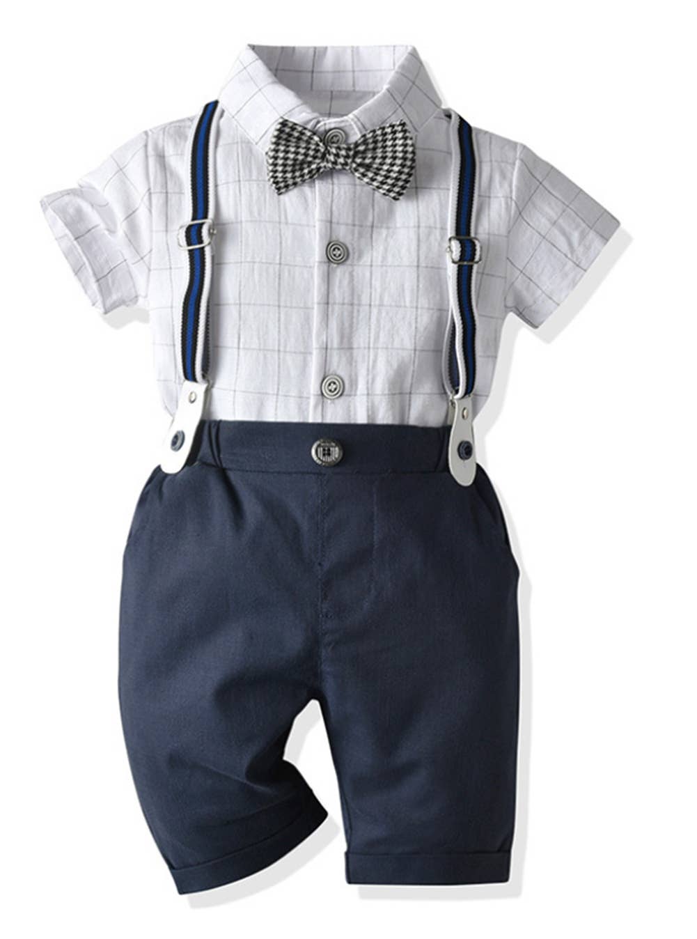 White & Navy Plaid Bowtie 3pcs Boy Outfit