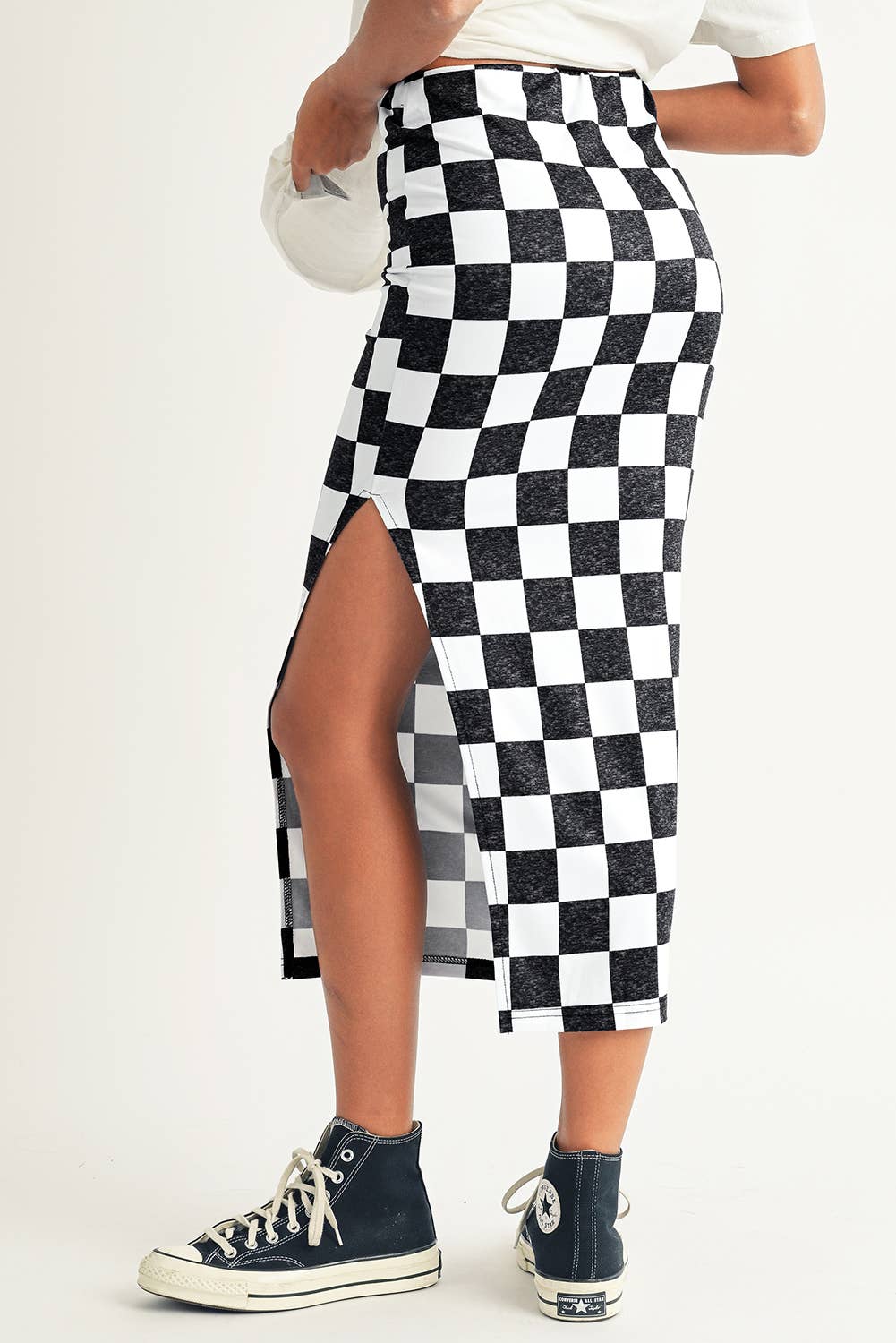 Checkered Print Side Slit High Waist Midi Skirt