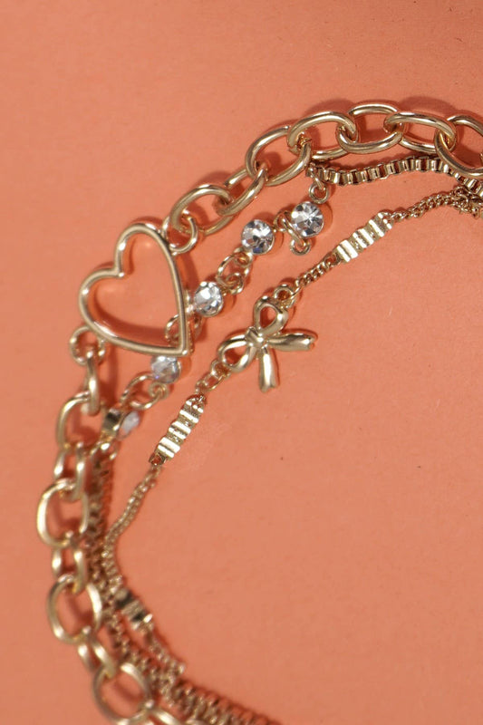 Multi-Layer Bow Heart Station Rhinestone Bracelet
