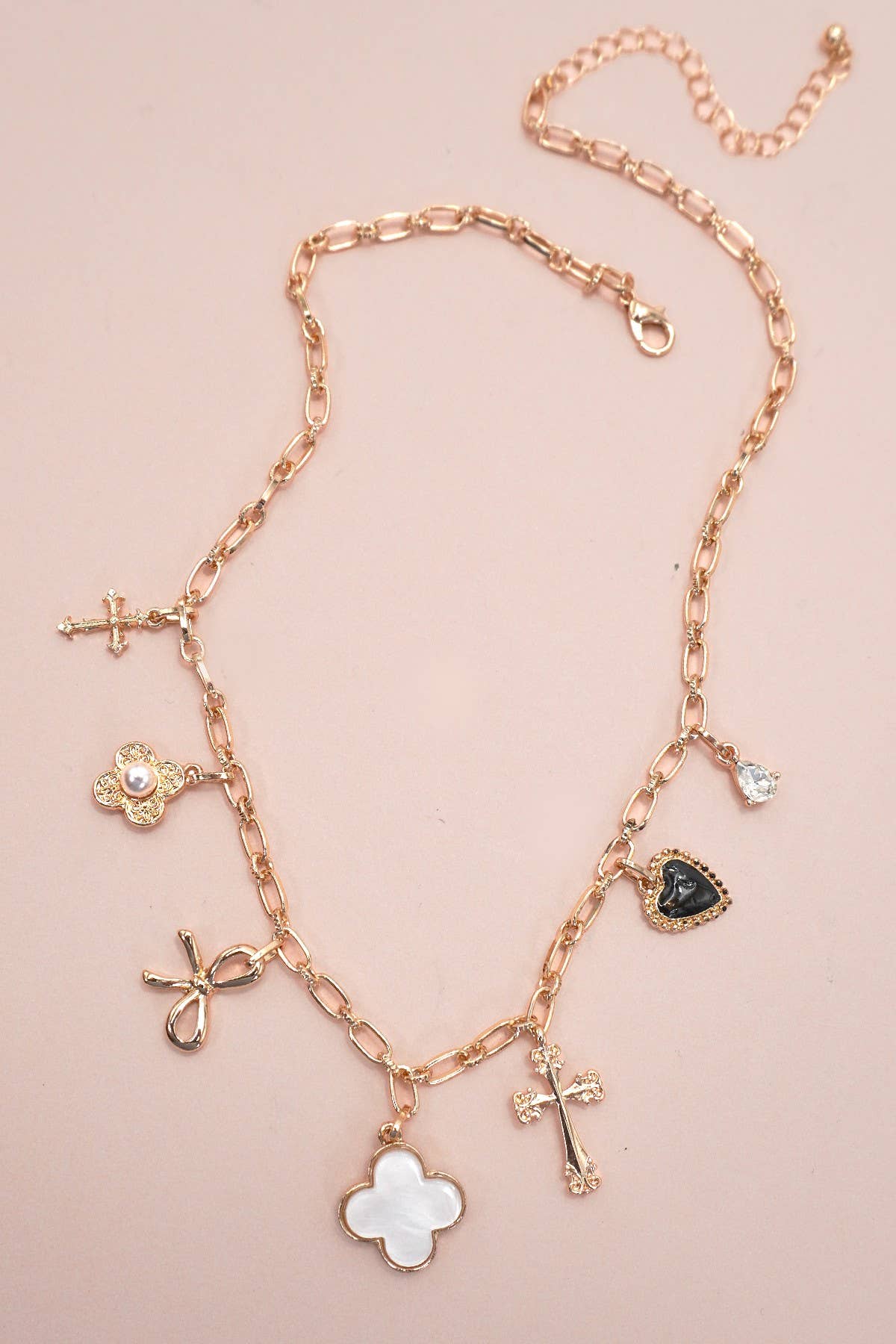 Charm Necklace – Porcelain Clover, Bow, Cross, Heart, Flower