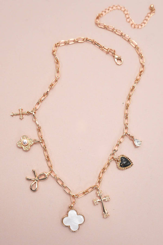 Charm Necklace – Porcelain Clover, Bow, Cross, Heart, Flower