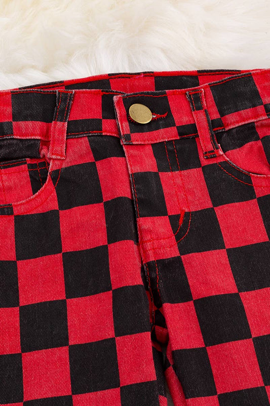 RED & BLACK CHECKER PRINTED DENIM PANTS