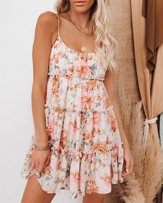 Simple print low-cut sexy short halter chiffon dress