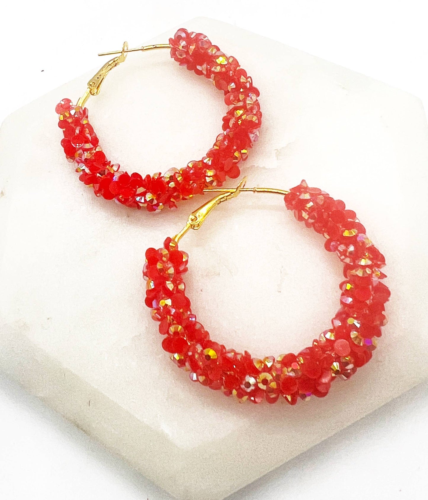 Red Gold Glitter Sequin Hoop Earrings