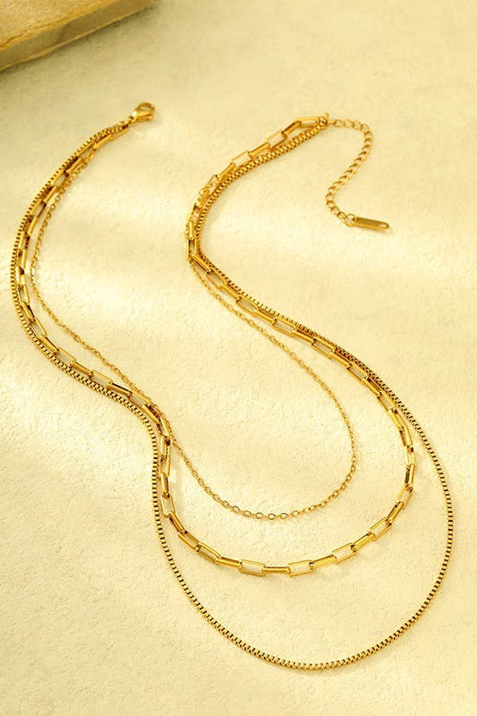 18K Stainless Tarnish-Free Layered Link and Box Chain Necklace