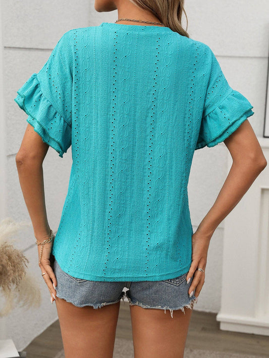 Solid color round neck lotus leaf sleeve short sleeve T-shirt top