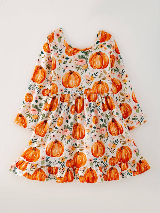 Pumpkin Print Long Sleeve Dress