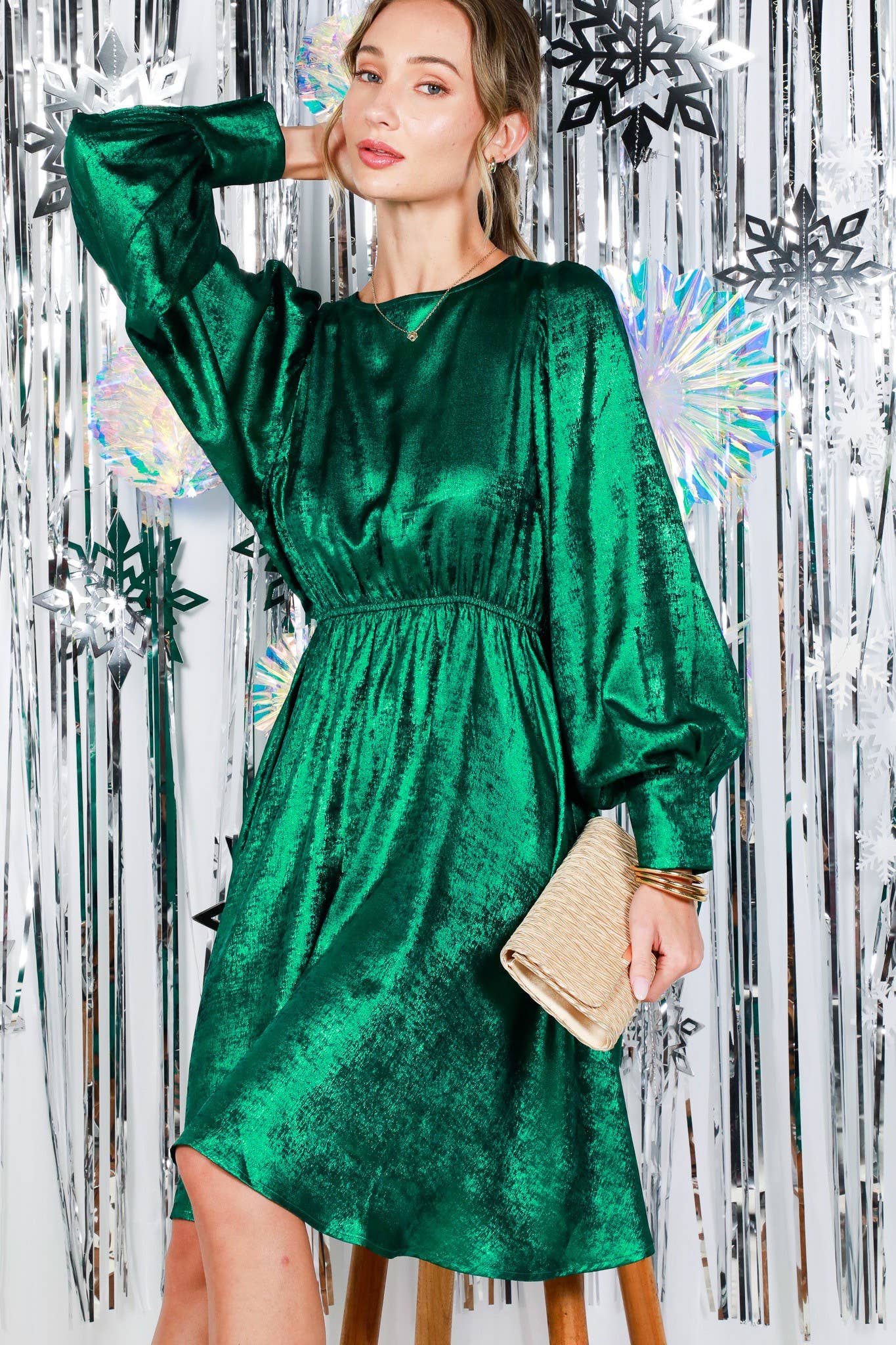 Metallic Foil Crew Neck Puff Sleeve Woven Knee Dress VD82545
