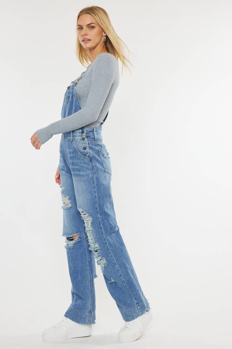 Kan Kan Wide-Leg Denim Overalls – Medium Stone Wash