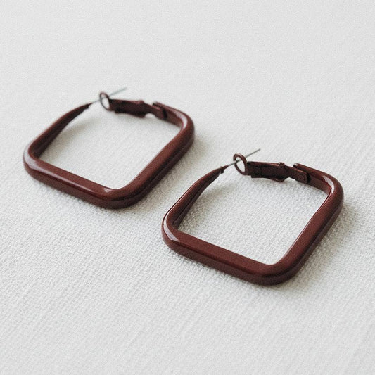 Wine Red Geometric Square Hoop Earrings