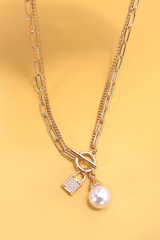 Pearl Lock Charm Double Layer Necklace