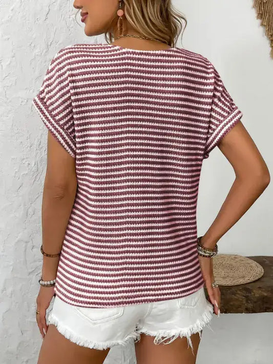 Striped Henley Knit Top Women Button V Neck Casual Tee Shirt
