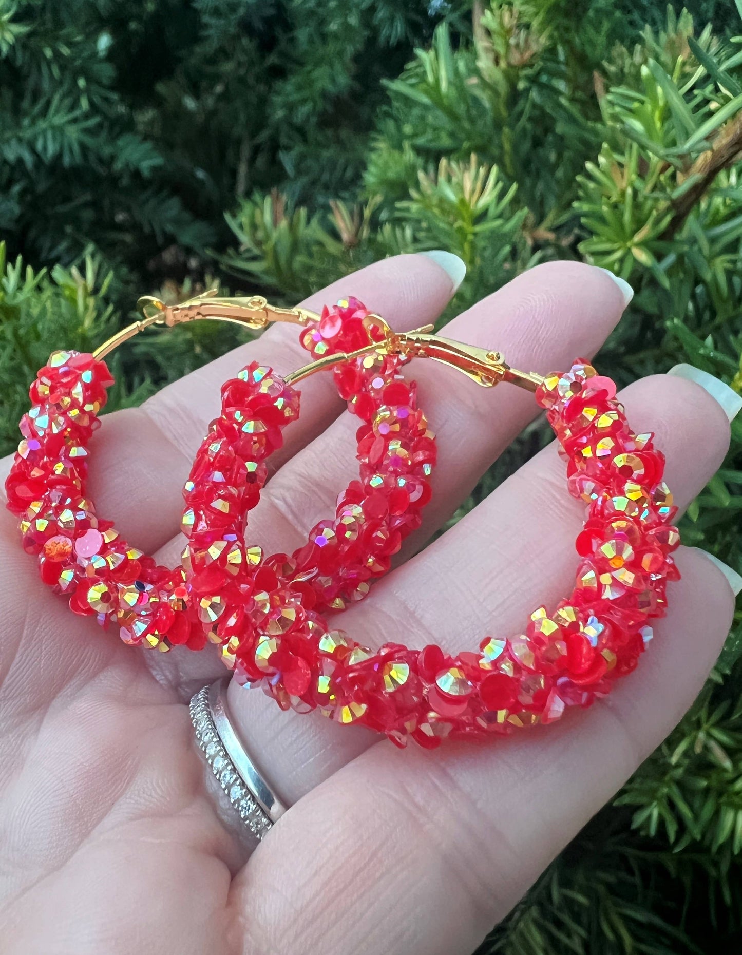 Red Gold Glitter Sequin Hoop Earrings