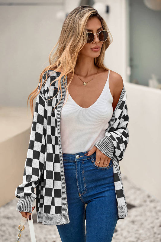 Checkered Open Front Drop Shoulder Cardigan