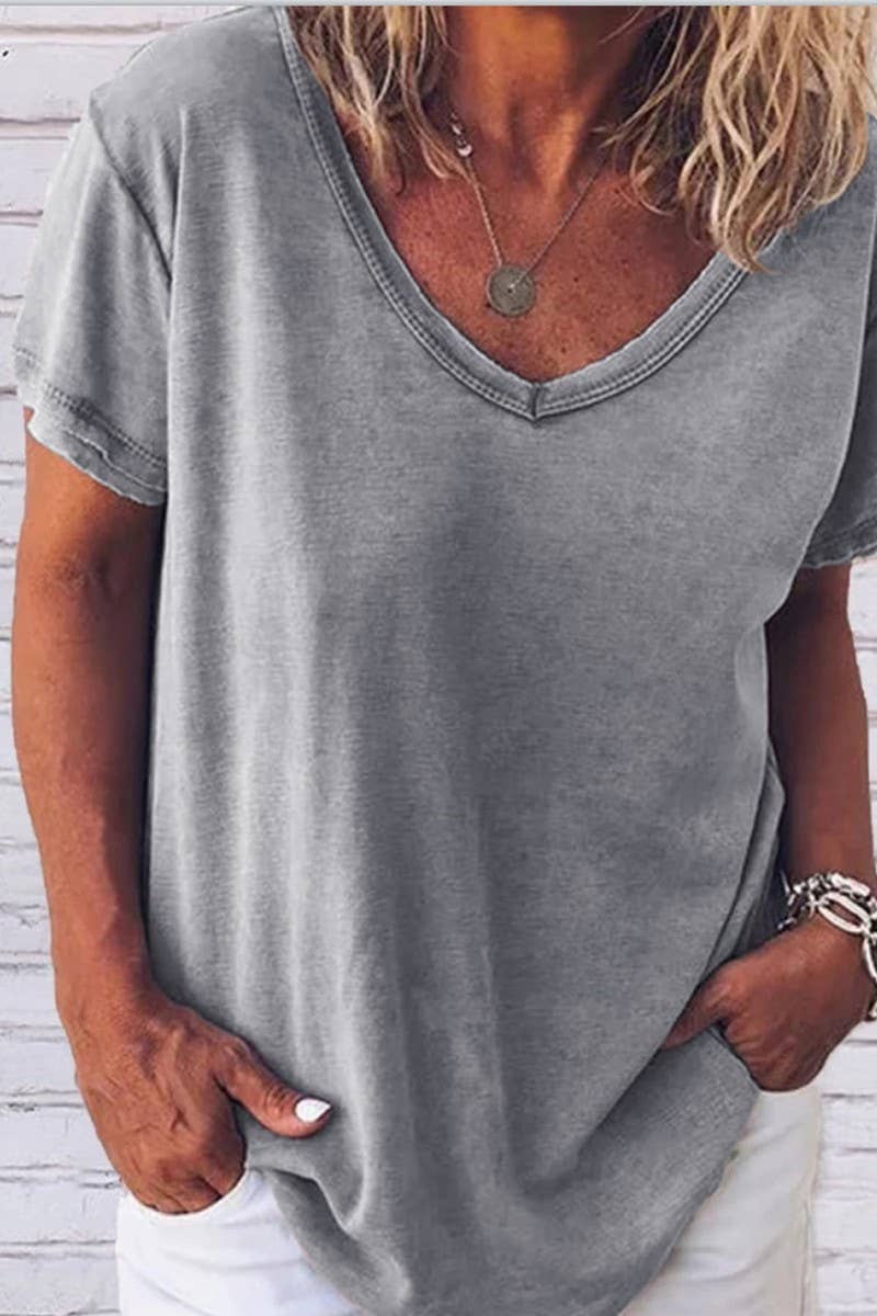 V NECK SOLID COLOR CASUAL SHORT SLEEVED T SHIRT
