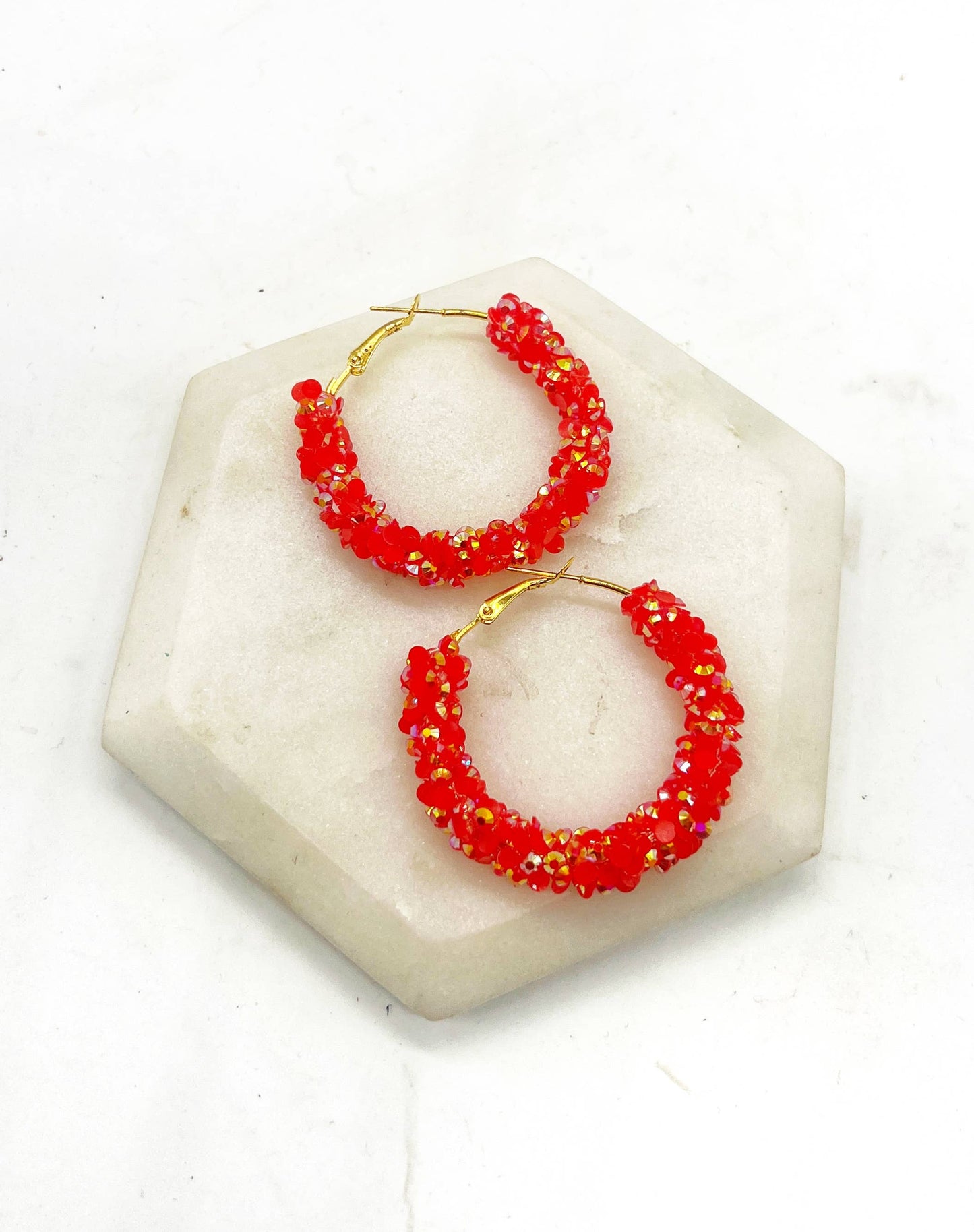 Red Gold Glitter Sequin Hoop Earrings