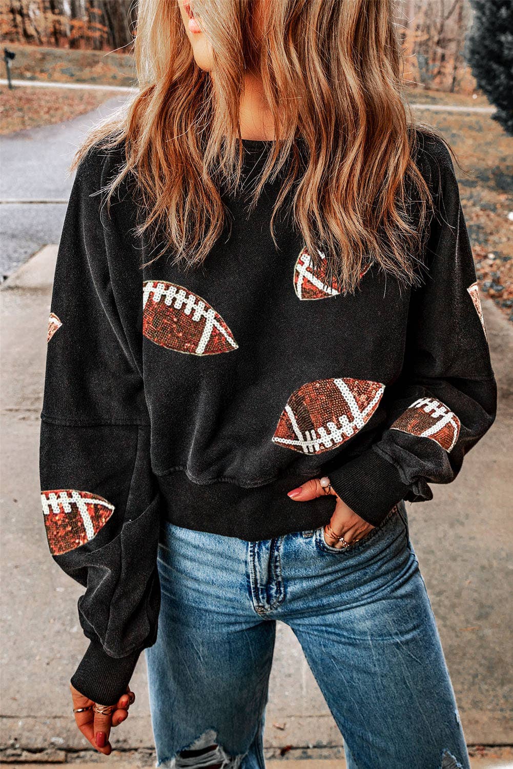 Sequin Football Graphic Corded Baggy Sweatshirt