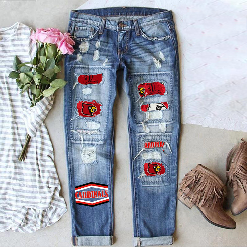Distressed Denim Jeans with Cardinals Patchwork