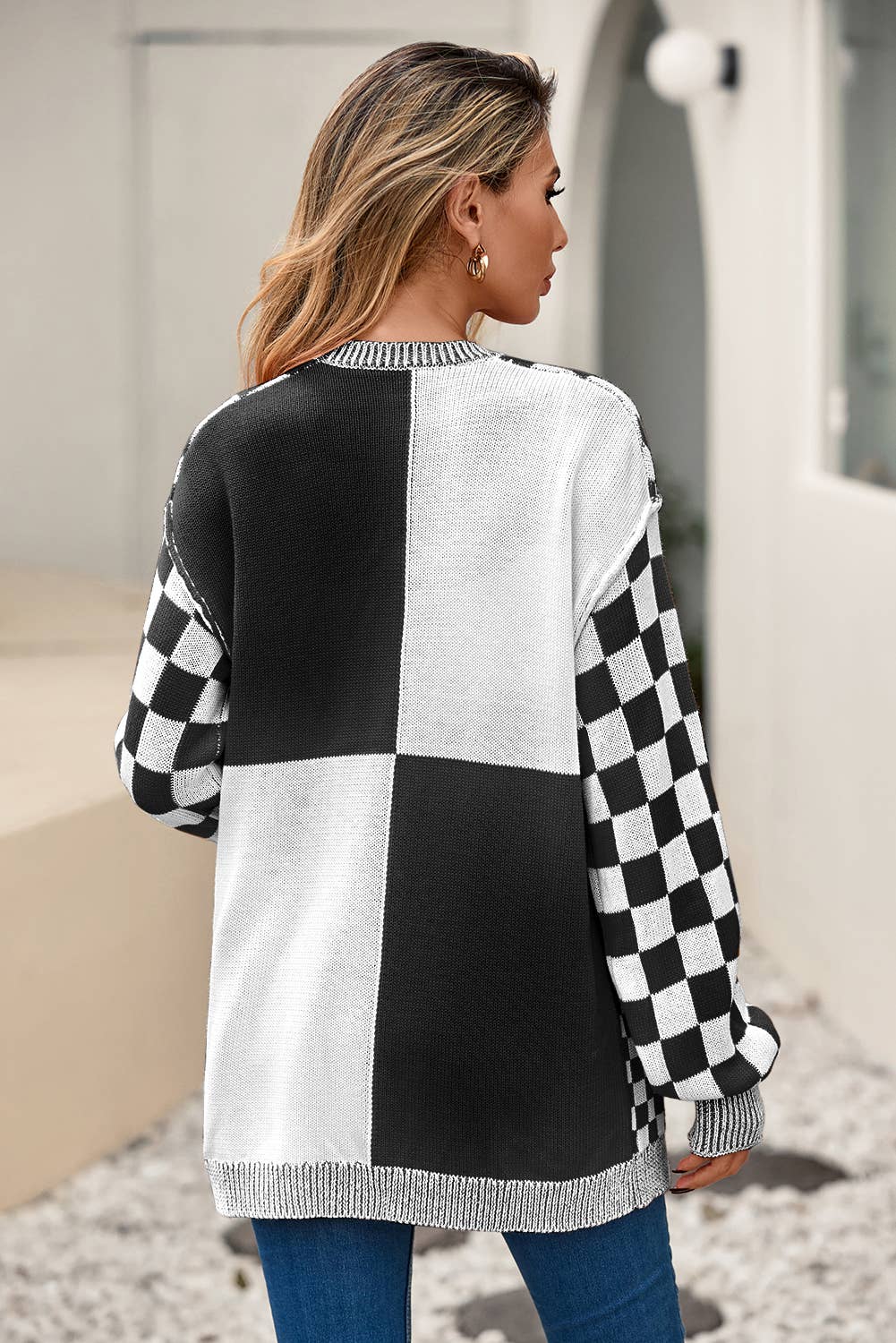 Checkered Open Front Drop Shoulder Cardigan