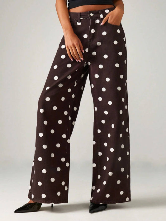 Western Polka Dot Loose-Fit Casual Mid-Rise Jeans