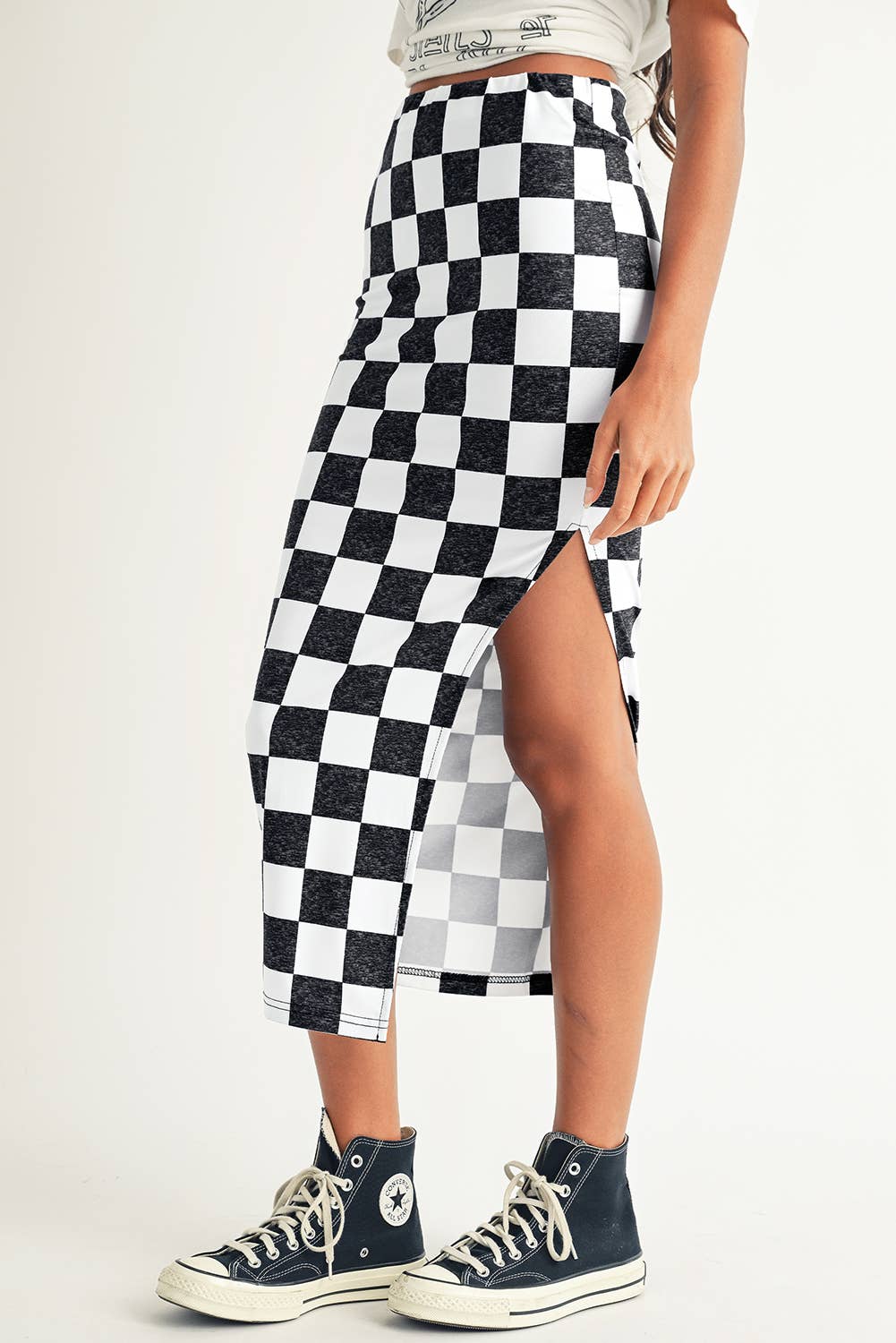 Checkered Print Side Slit High Waist Midi Skirt
