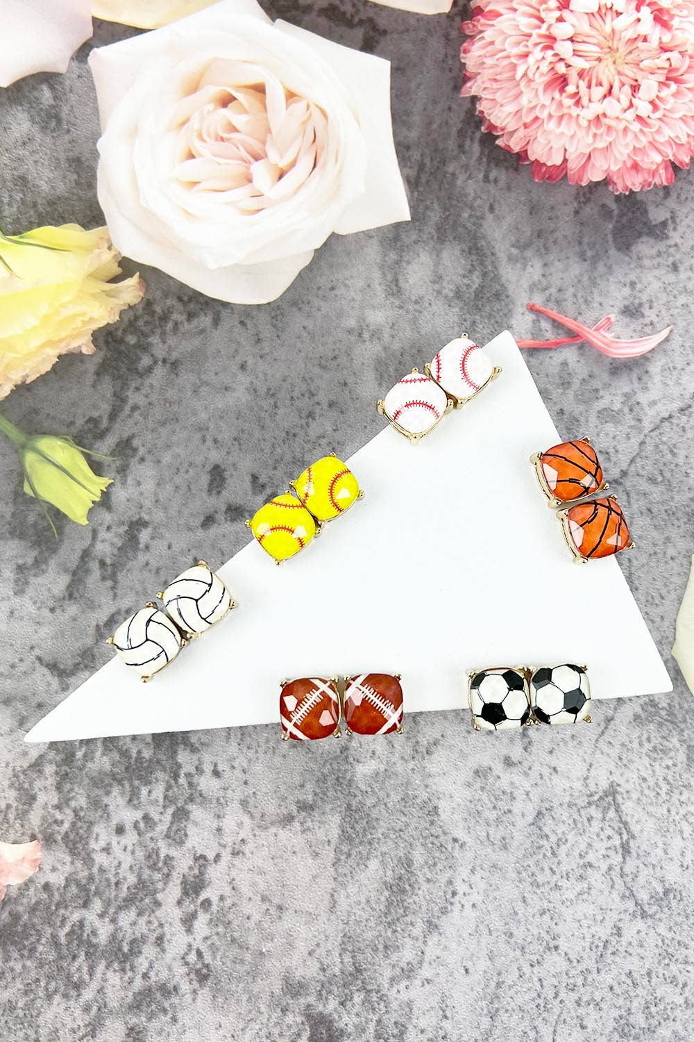 RECTANGULAR SHAPE SPORTS BALL STUD EARRINGS