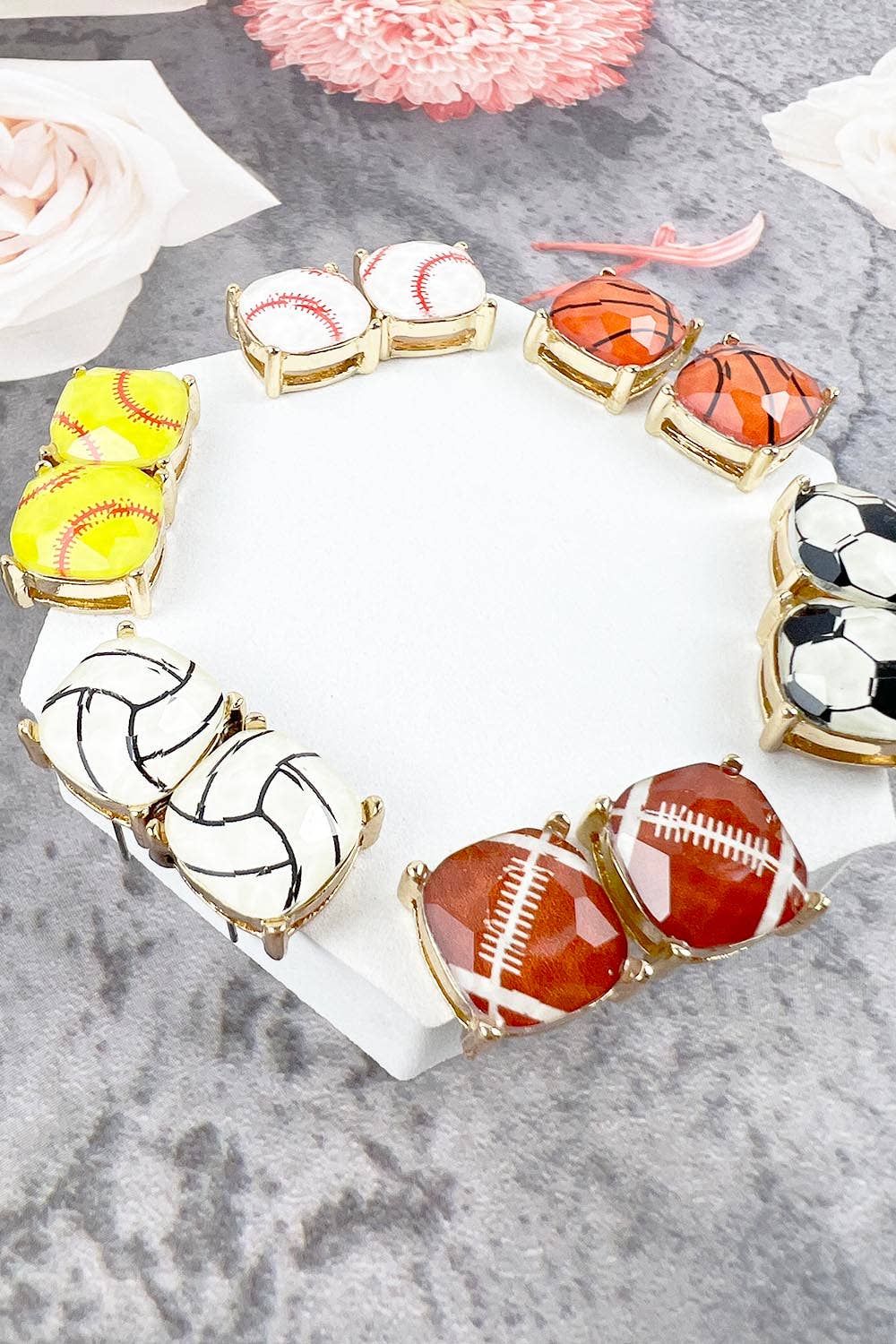 RECTANGULAR SHAPE SPORTS BALL STUD EARRINGS